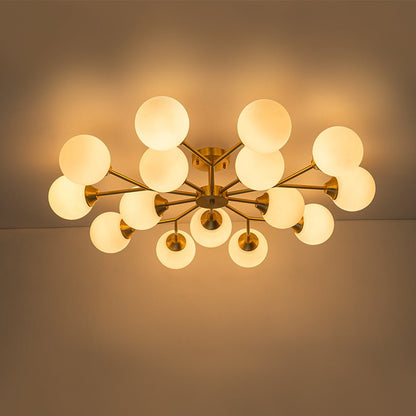 15-Light Opal Glass Branching Sputnik Semi Flush Chandelier