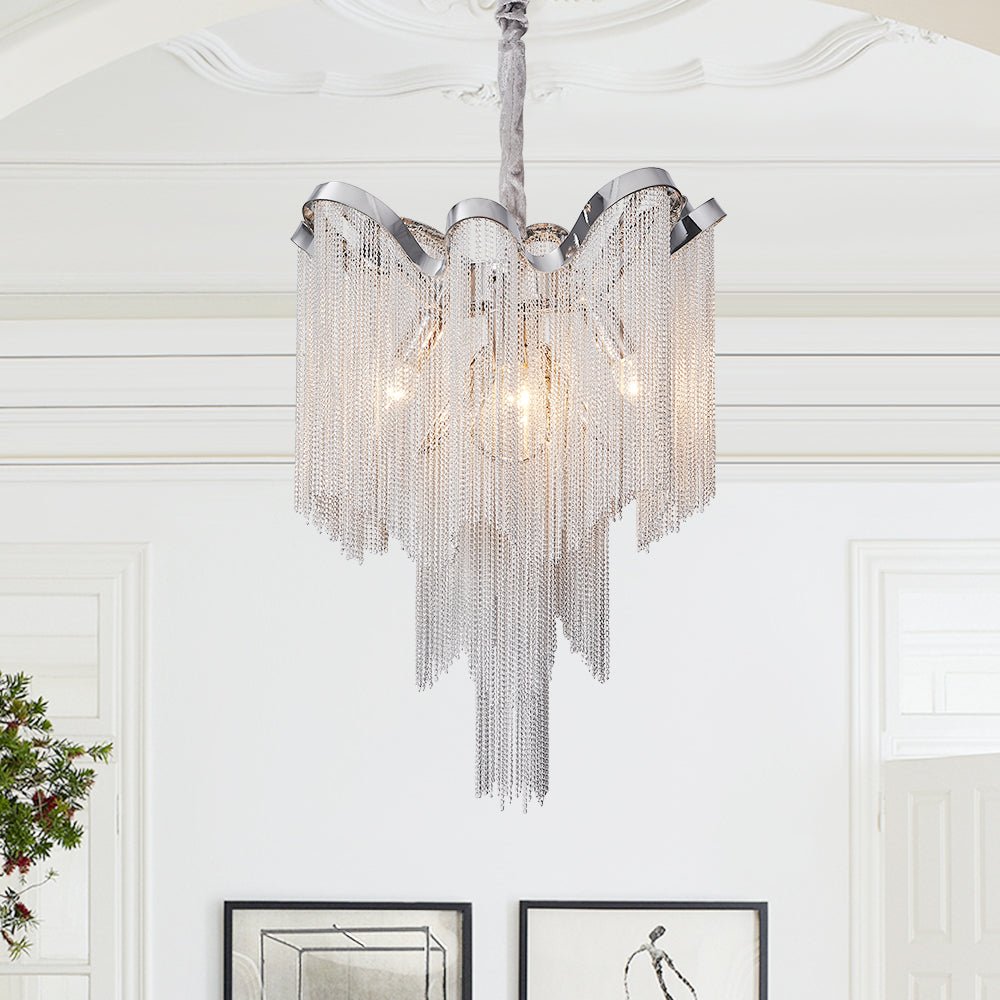 4-Light Silver Tassel Chandelier in Chrome