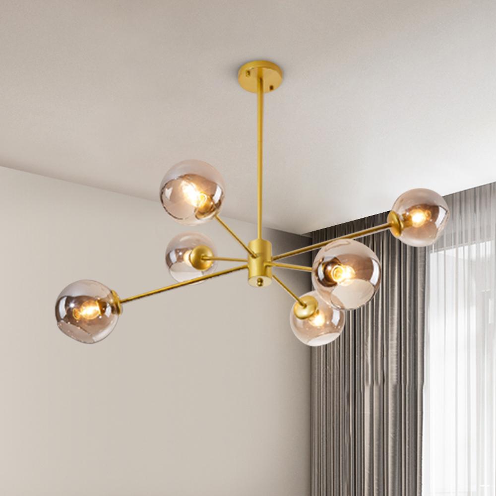 6 Light Sputnik Chandelier with Gray Glass Shade